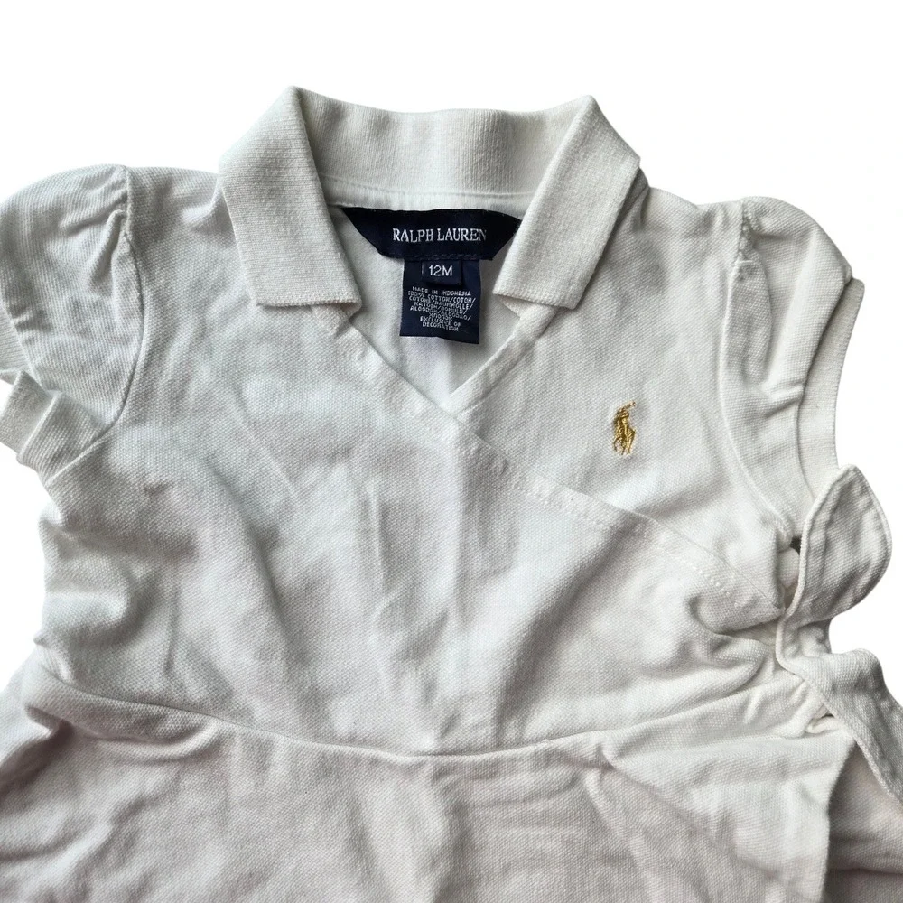 Ralph Lauren Baby Girls White Cotton Pique Wrap Polo Dress Gold Pony Logo 12M